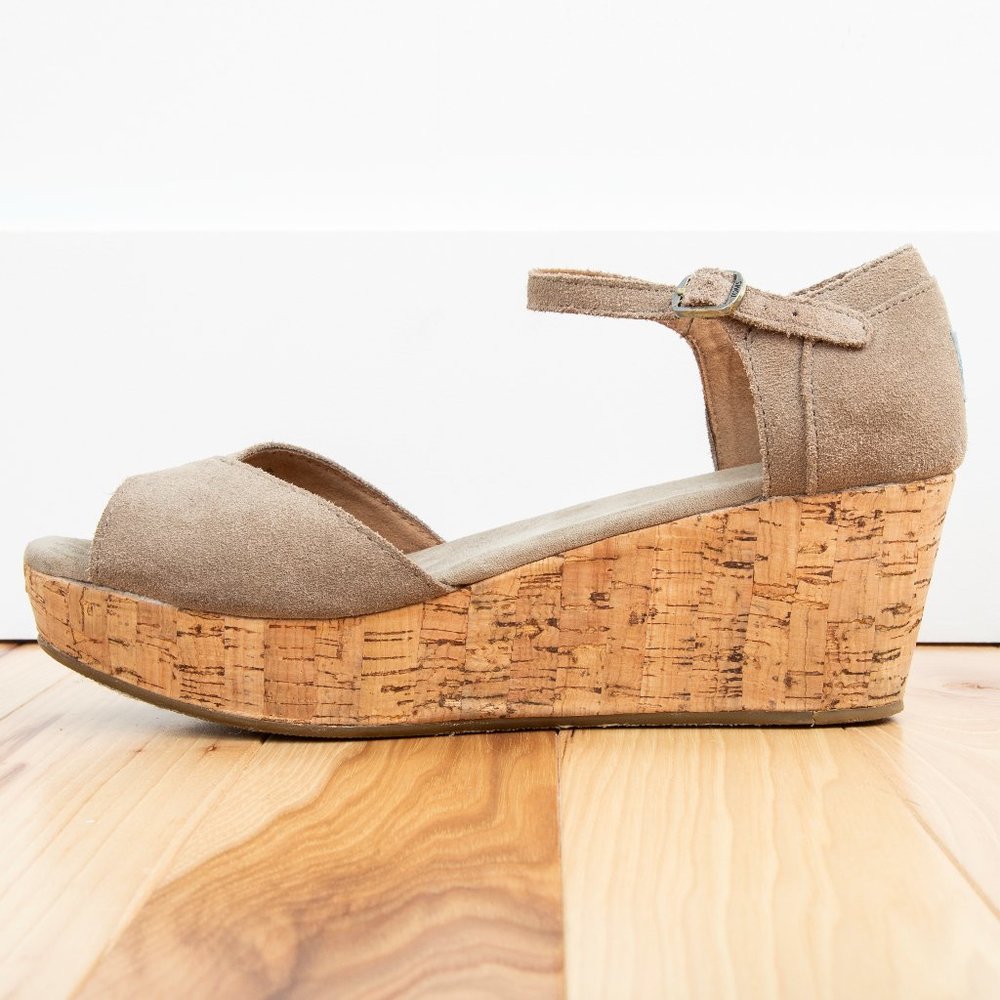 Toms Taupe Suede Cork Wedge Sandals